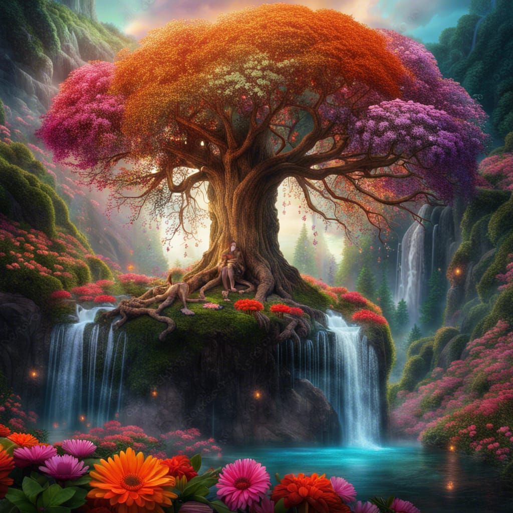 Colorful Tree of Life by Glittering Waterfall
