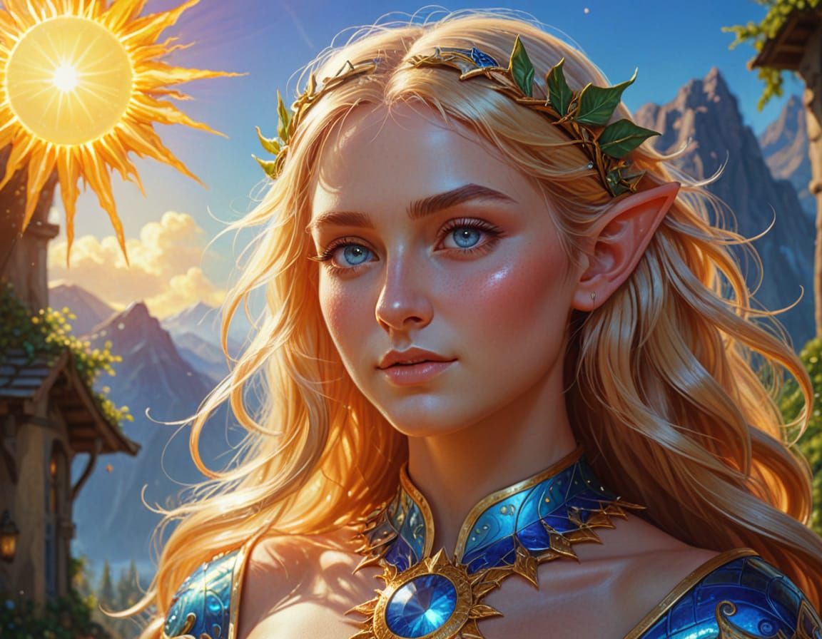 Radiant Sun Elf Portrait in Oil Painting Style