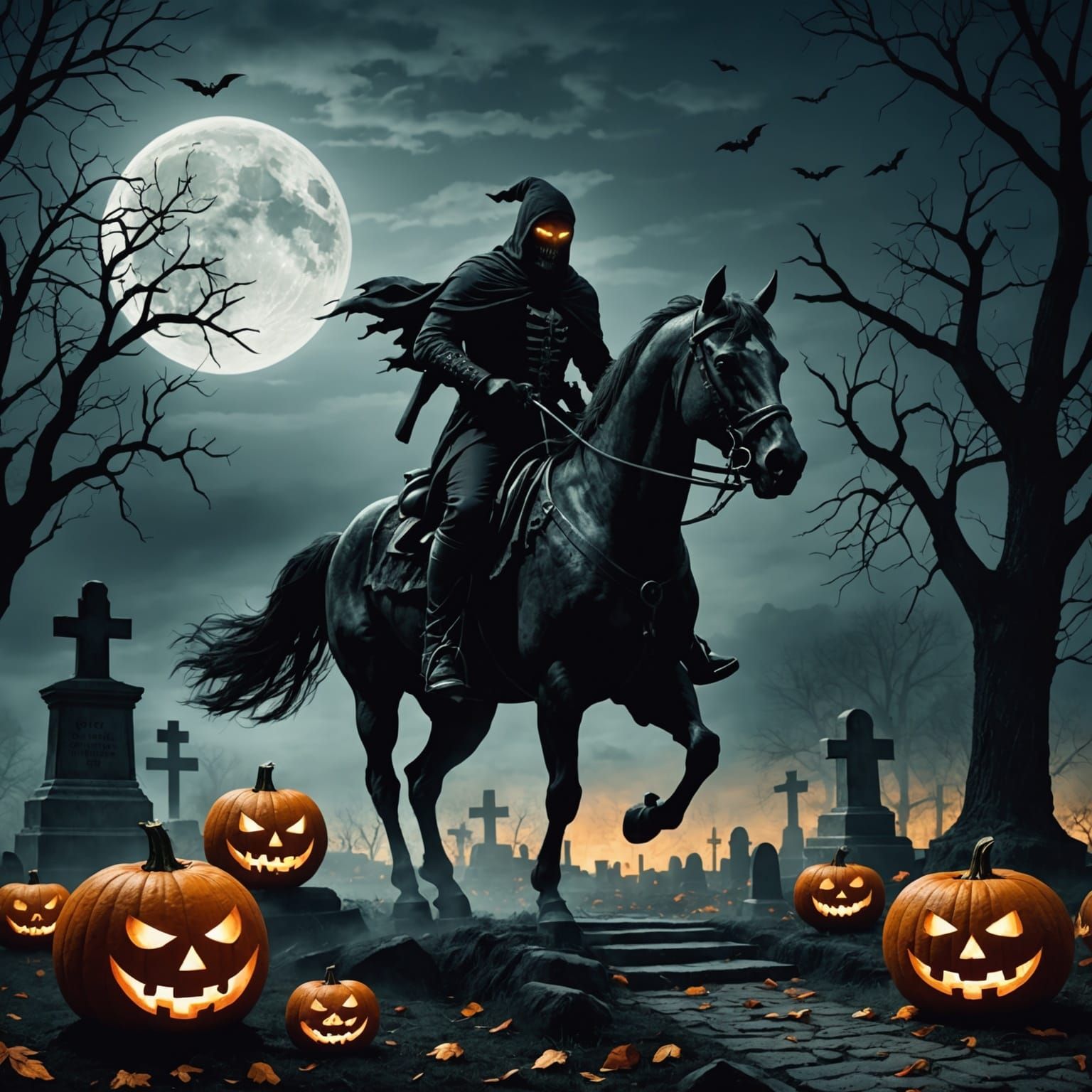 Spooky Pumpkin Horseman Rides Through Cemetery