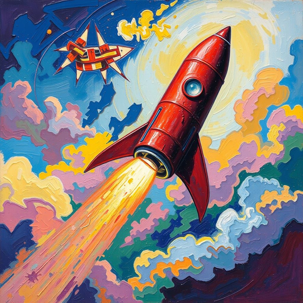 Impasto Rocket Ship Soaring Through Vibrant Skies