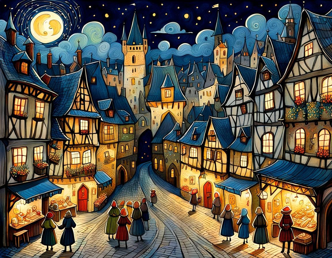 Medieval Night Market in a Whimsical Doodle Style