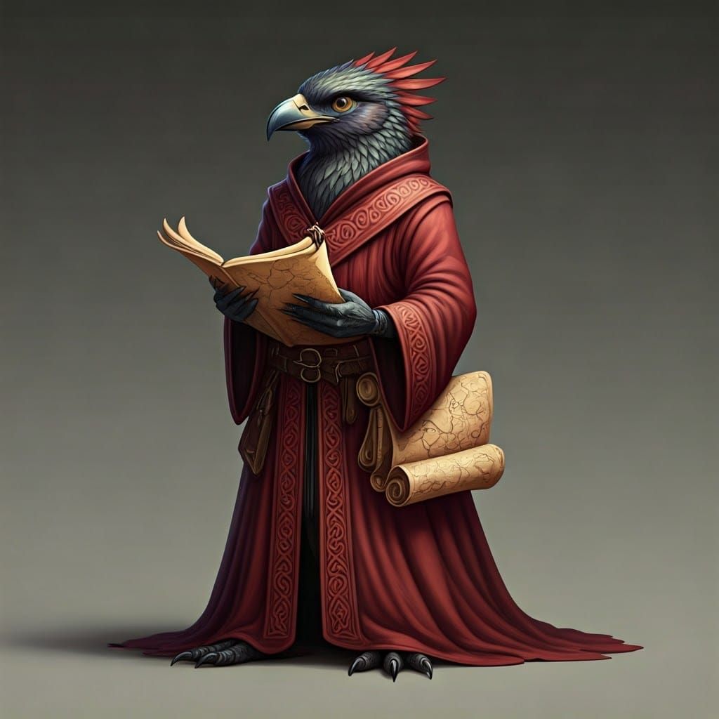 Elegant Kenku Scholar in Ancient Library Attire