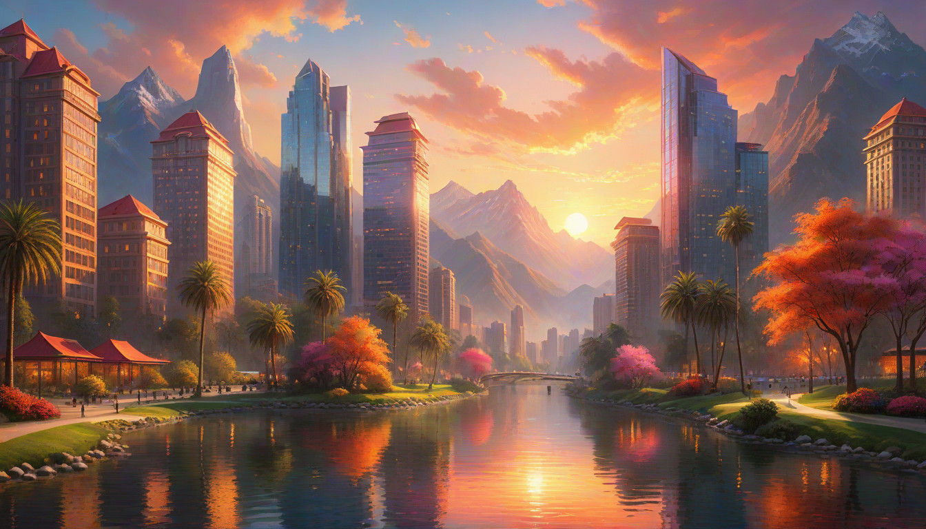 Ethereal Cityscape at Sunset with Majestic Mountains
