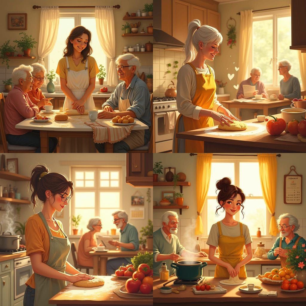 Tender Mother Surrounded by Love in Cozy Kitchen Scene