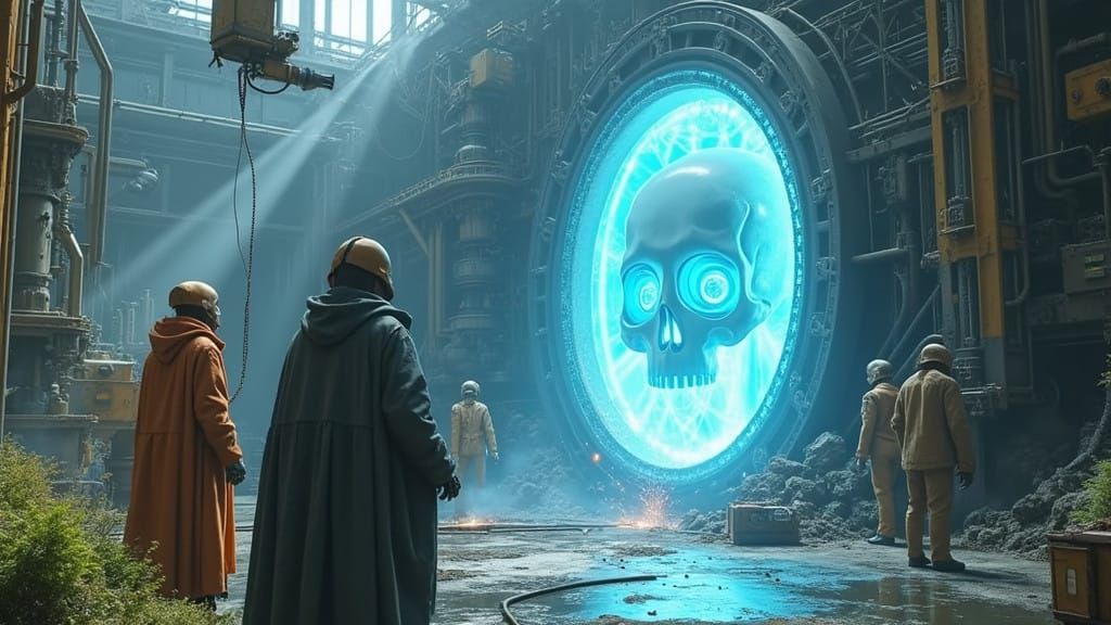 Gritty Futuristic Factory Scene with Robotic Skull Assembly