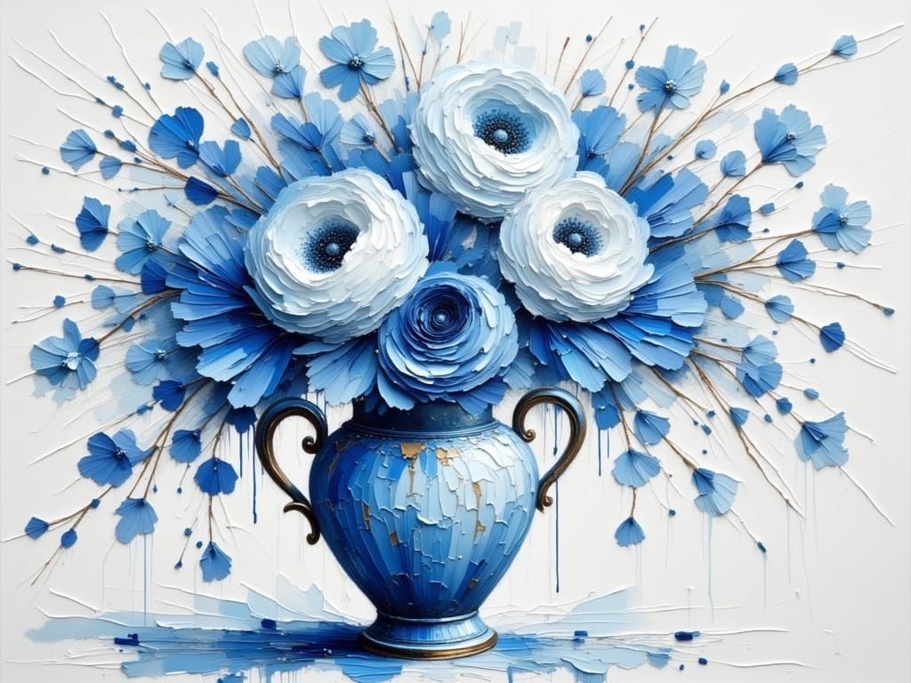 Impasto Masterpiece: Blue and White Flowers in Ornate Vase