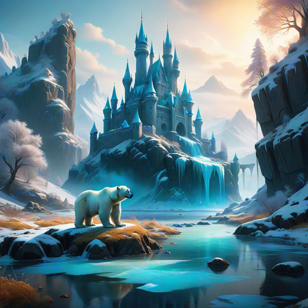 Ethereal Crystal Ice Castle in Snowy Fantasy Landscape