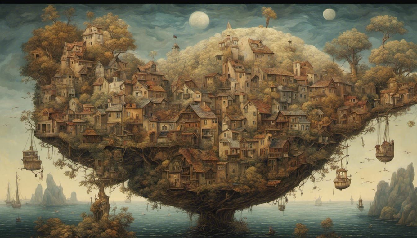 Village on Flying Whale: Surrealist Oil Painting