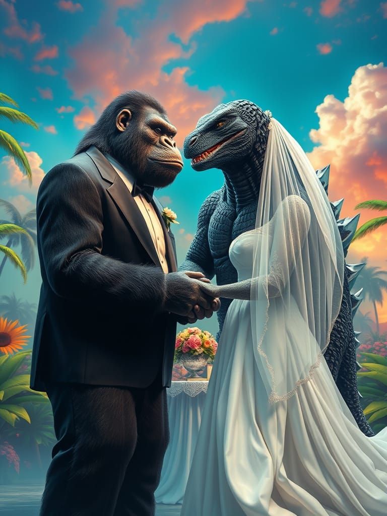Monstrous Lovers Exchange Vows in Tropical Paradise