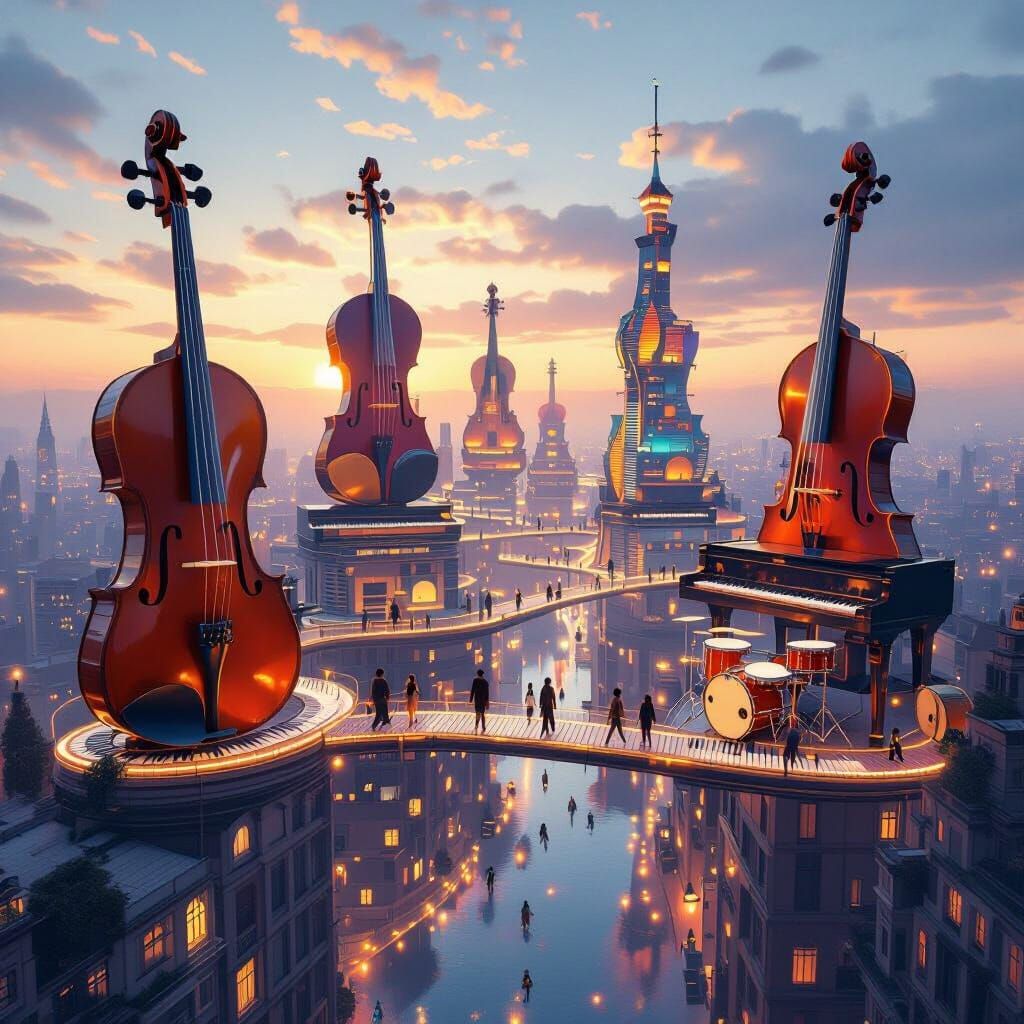 Surreal City of Floating Musical Instruments in 8K