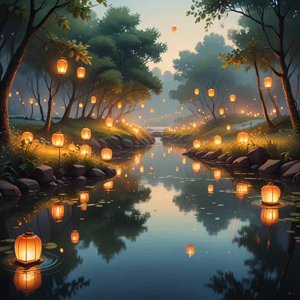 Glowing Lanterns Float on Lazy River in Vibrant Oil Painting...