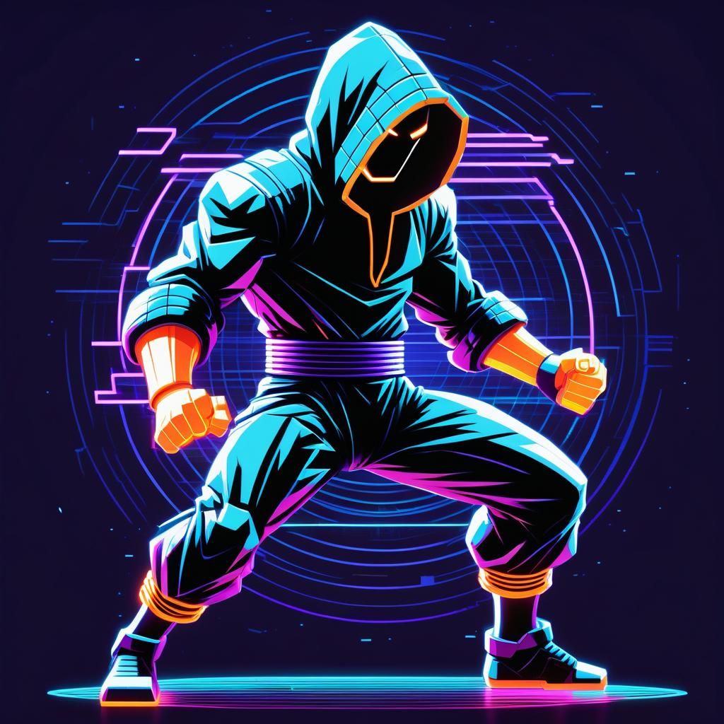 Hooded Figure with Hadouken in Synthwave Pixel Art
