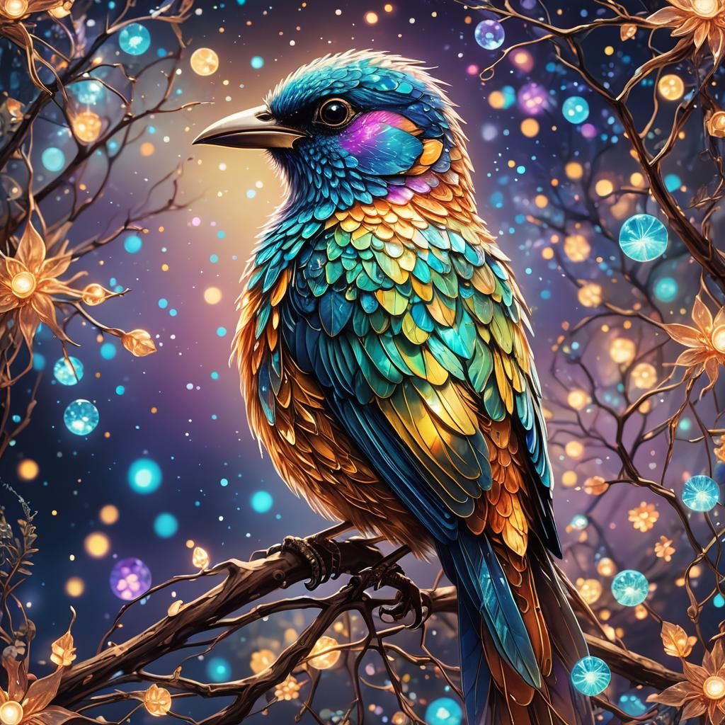 Exotic Iridescent Bird Holographic Illustration