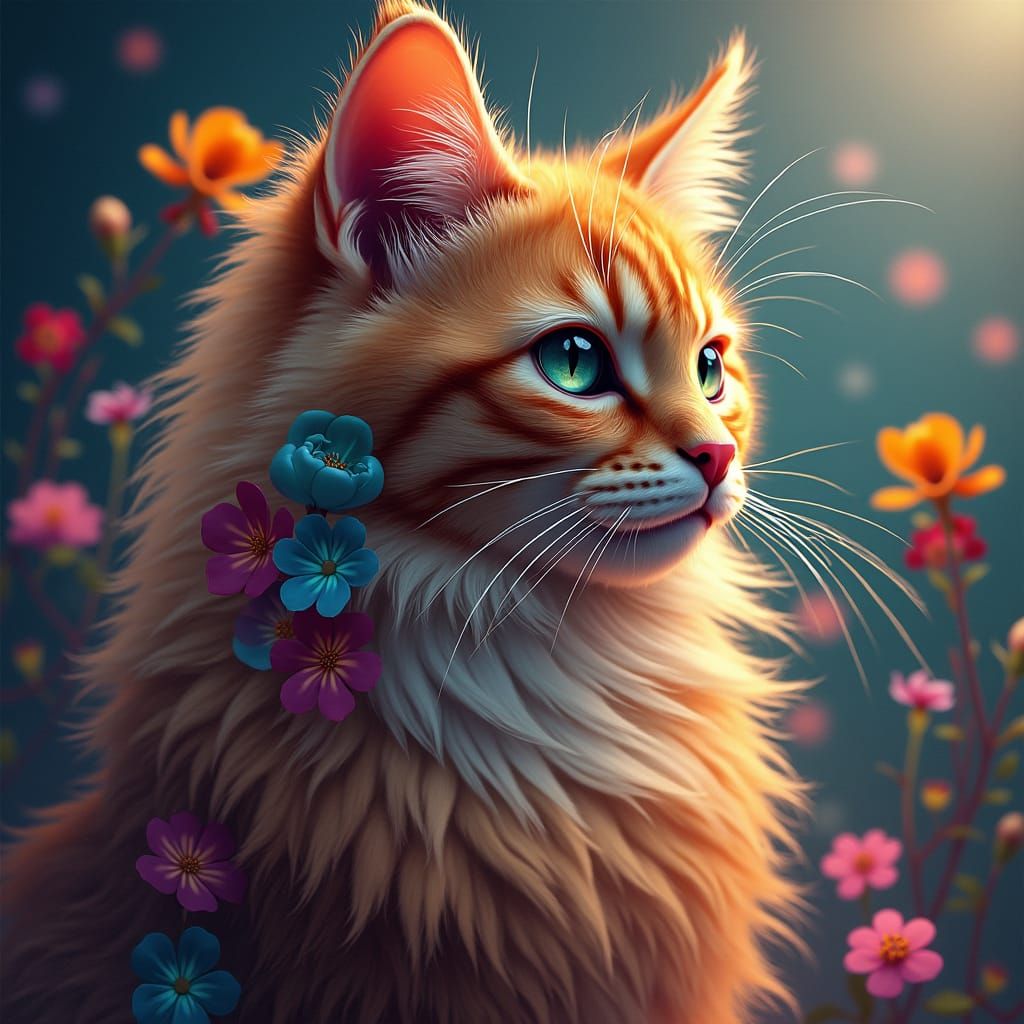 Floral Cat Portrait in Art Nouveau Style