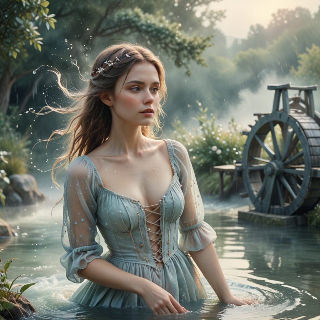 Whimsical Waterwheel Maiden in Dreamy Watercolor
