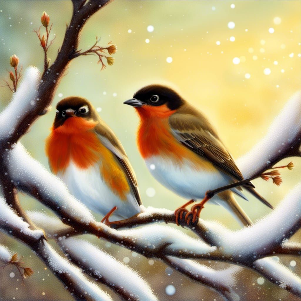 Winter Birds on Snowy Tree: Digital Oil Painting
