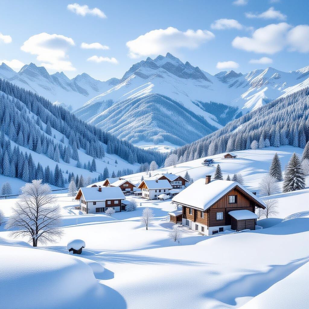 Realistic Winter Mountain Village Landscape