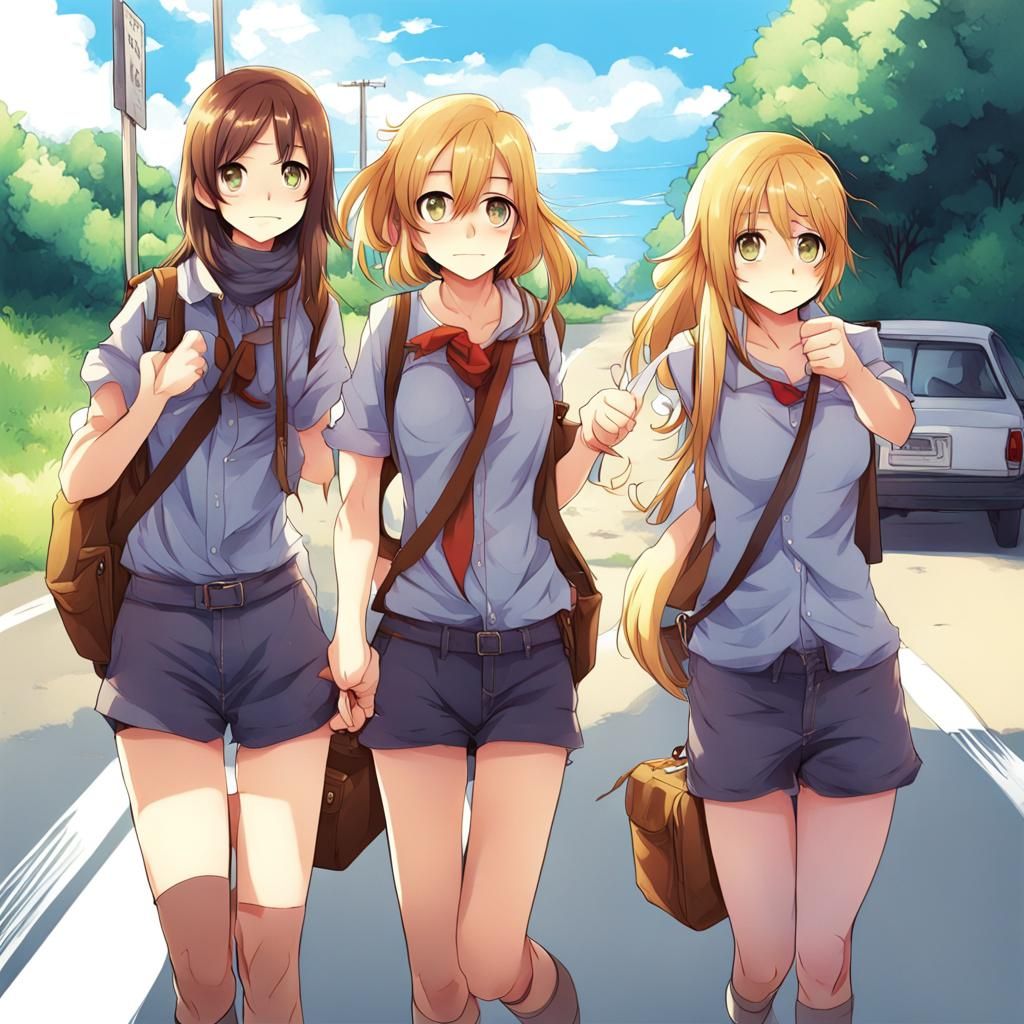 Anime Style Girls Hitchhiking on Rural Road
