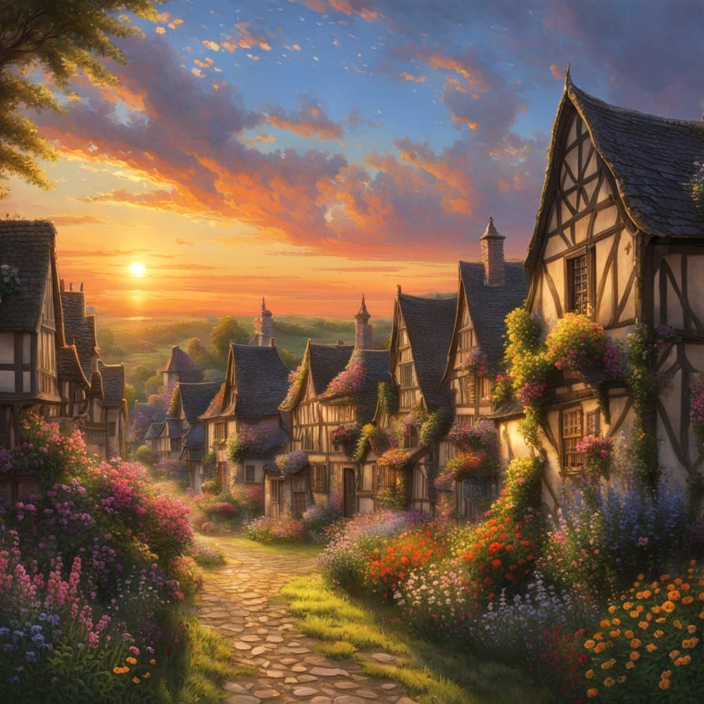 Colorful Medieval Town at Sunset: Anime Style
