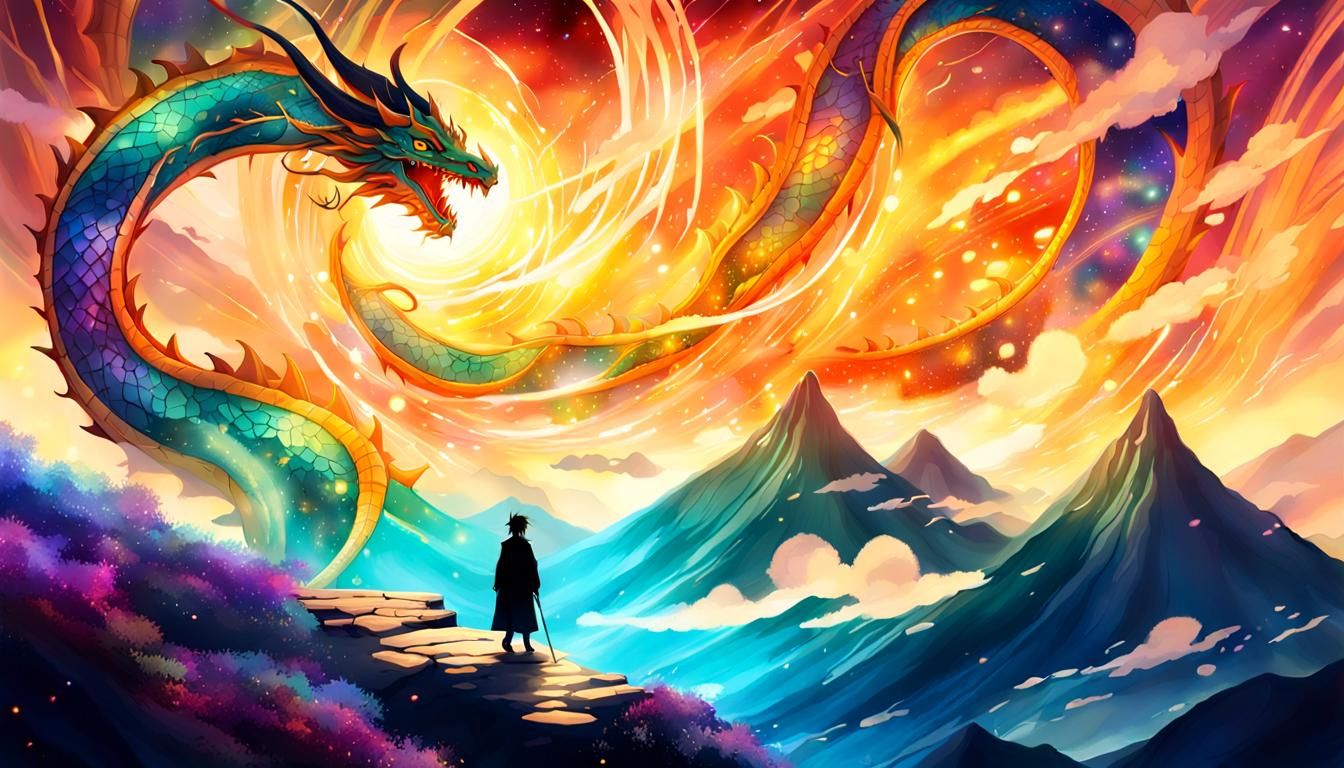 Prismatic Dragon on Winding Road Under Starlight