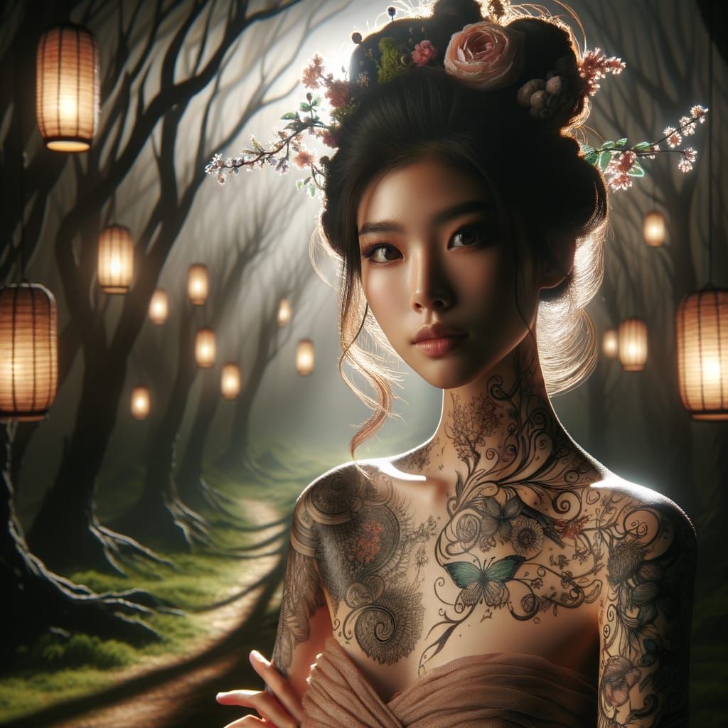 Botanical Tattoo Portrait in Fictional Forest