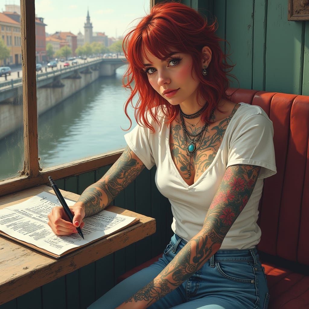 Woman at Tattoo Station with Broken Machine and Art Supplies