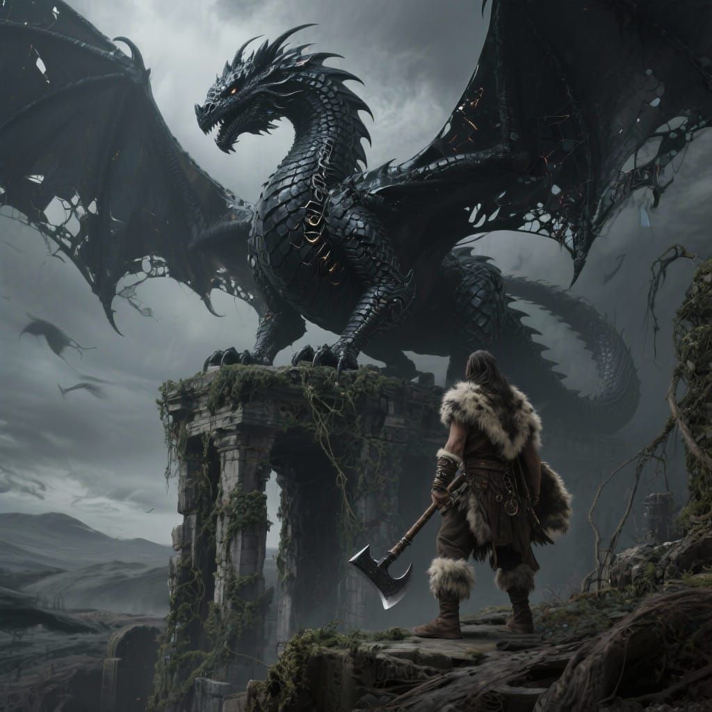 Obsidian Dragon Over Ancient Ruins With Barbarian Warrior