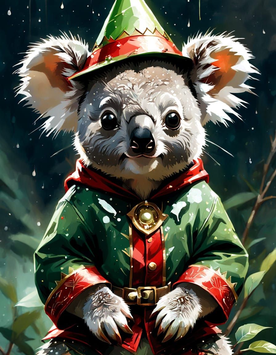 Adorable Koala Christmas Elf in Digital Painting Style