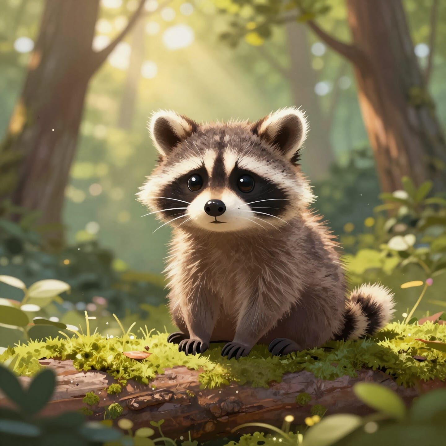 Adorable Baby Raccoon in Sunlit Forest Clearing