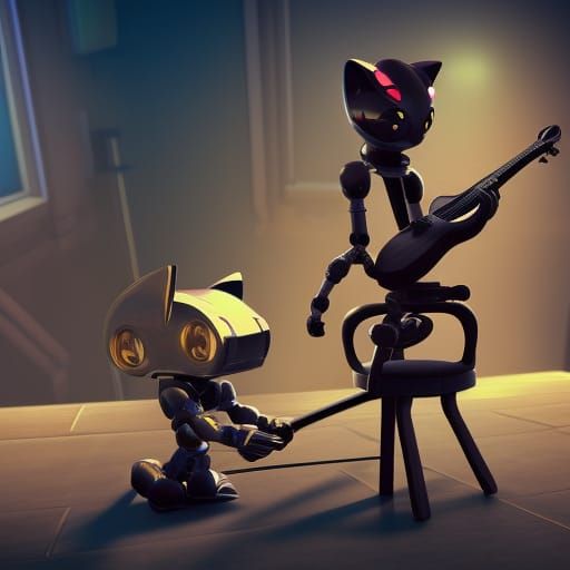 Robot Cat Fiddler in 3D Game Style
