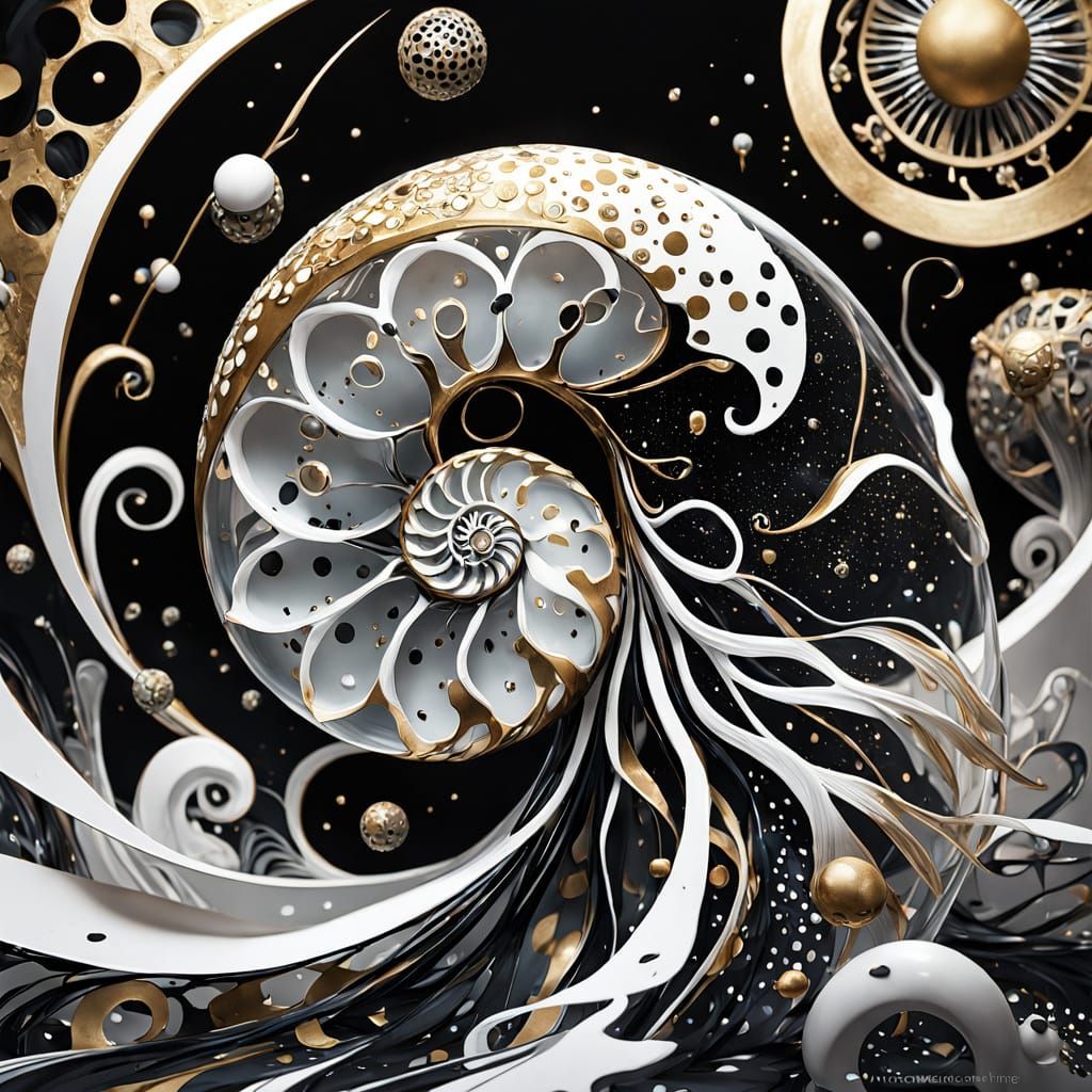 Surreal Nautilus Squid Shell with Polka-Dot Ink