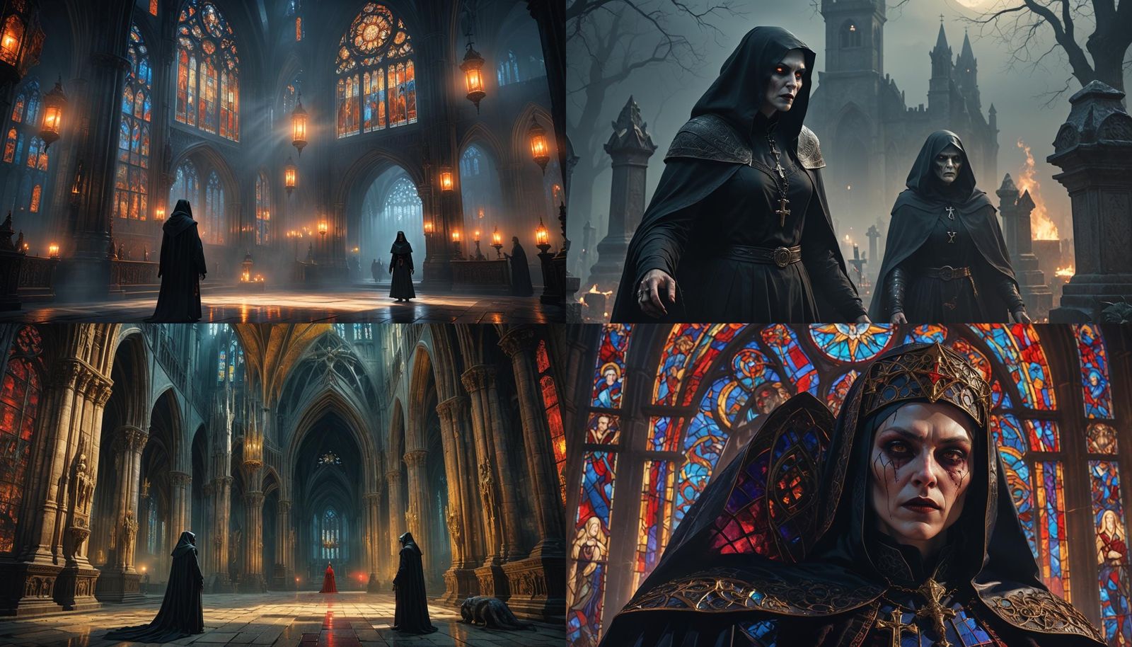 Vampire Nun Confronts Werewolf: Detailed Matte Painting