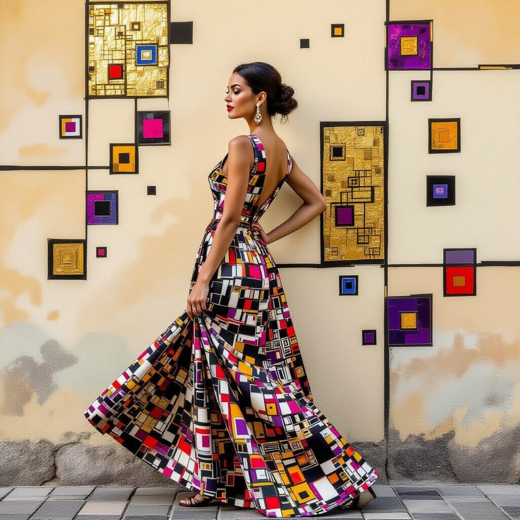 Elegant Woman with Geometric Patterns in Mixed Media Style