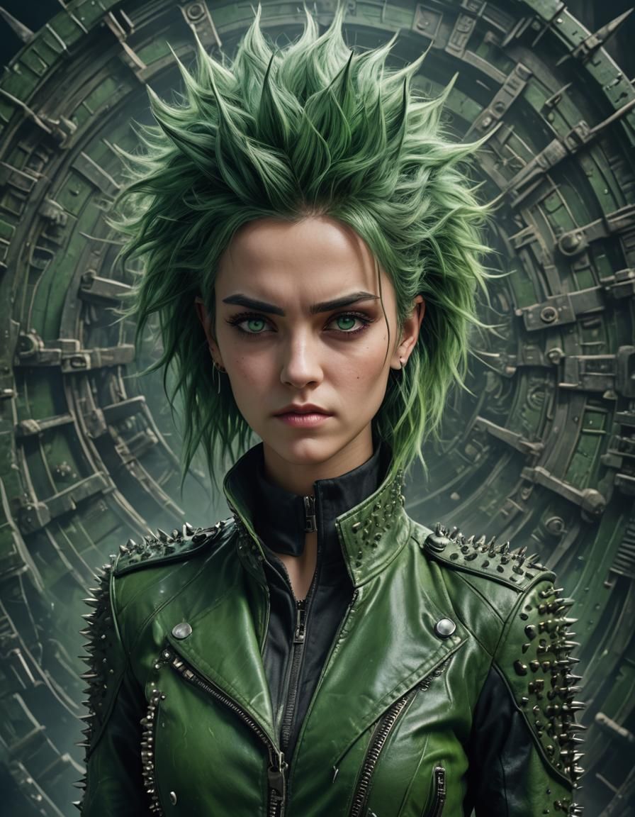 Green Haired Woman in Leather Jacket: Digital Painting