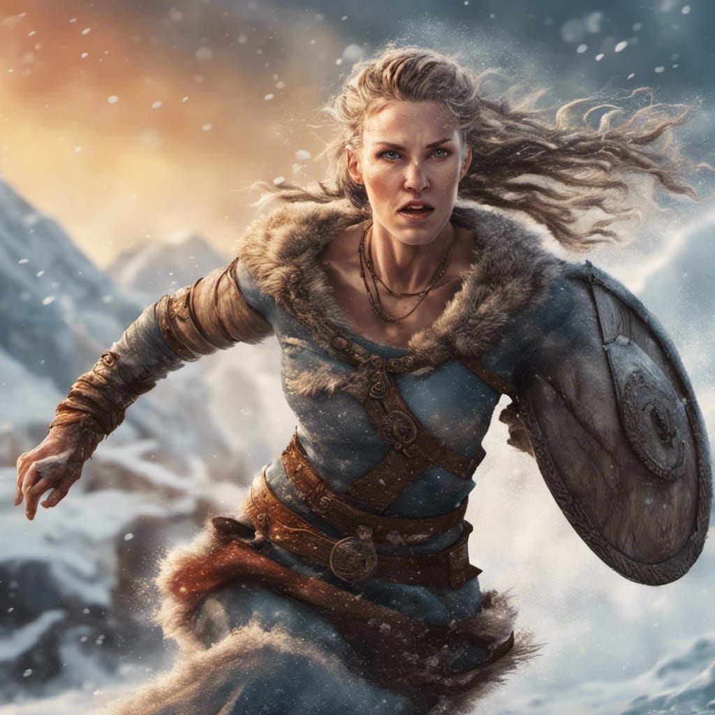 Viking Woman Running in Snow: Hyperrealistic Splash Art