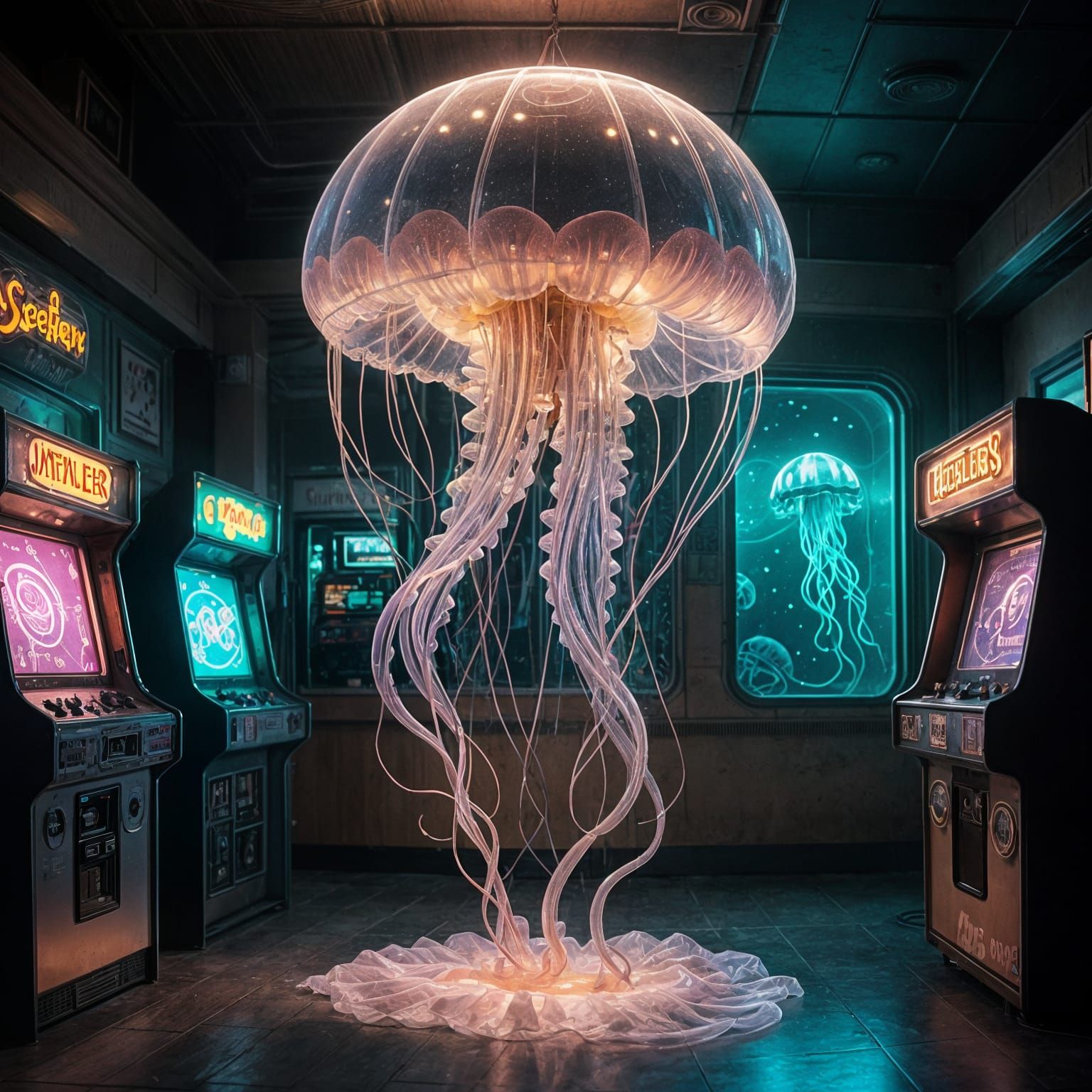 Surreal Jellyfish Hovers Over 80s Arcade