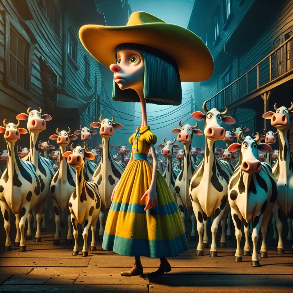 Surreal Farm Girl with Polka Dot Cows in Gothic Style