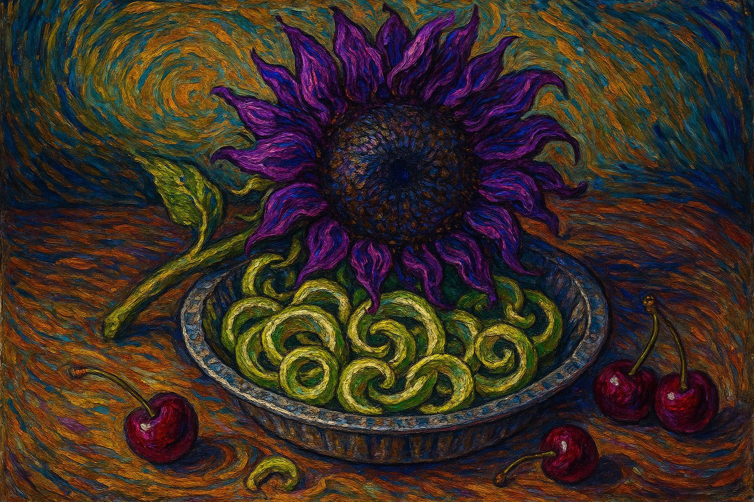 Purple Sunflower Still Life in Van Gogh Style
