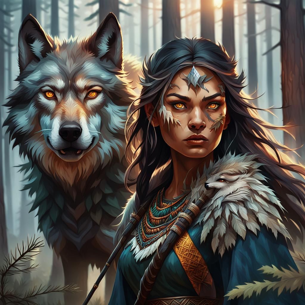 Native American Woman Riding Wolf in Forest