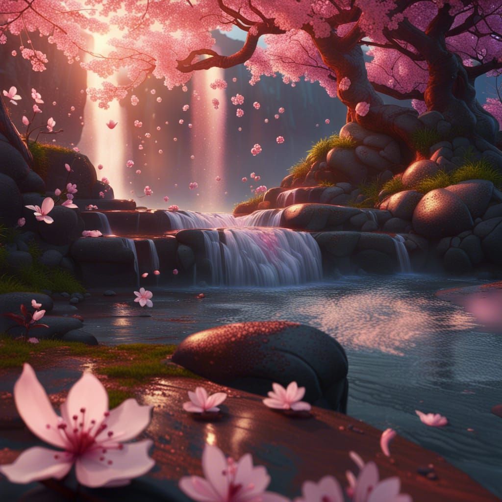 Cherry Blossoms Waterfall Sunset: Fantasy Concept Art