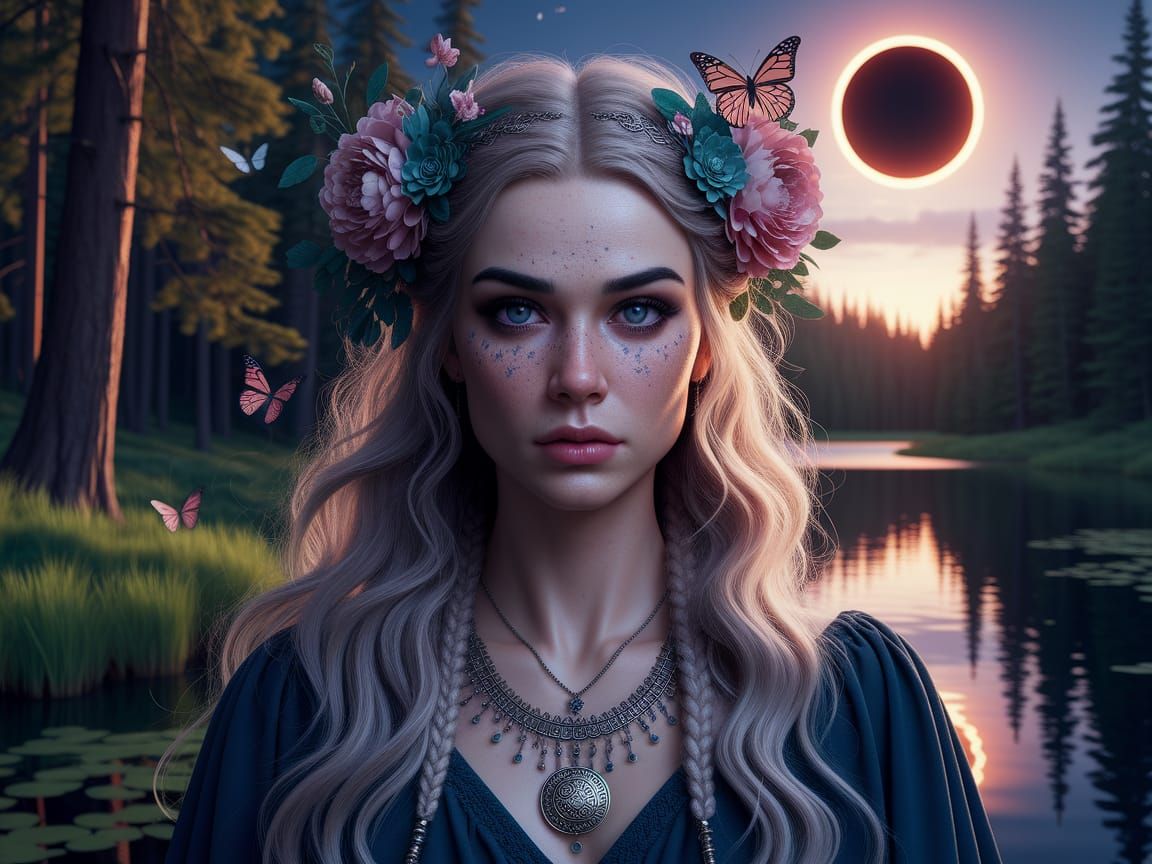 Ethereal Norse Celtic Goddess Radiates Wisdom in Forest Glad...