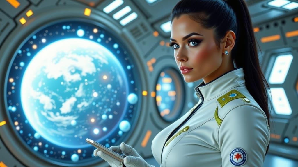 Sci-Fi Starship Bridge Scene with Science Officer