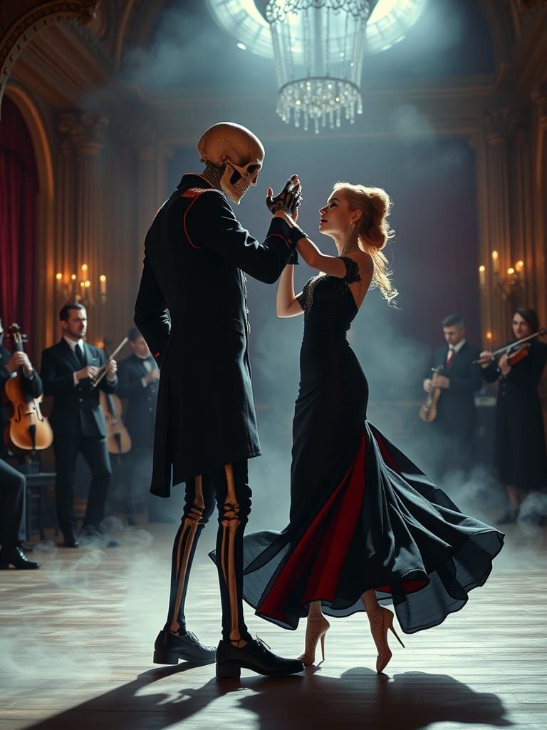 Gothic Ballroom Dance with Skeleton and Sorrowful Beauty