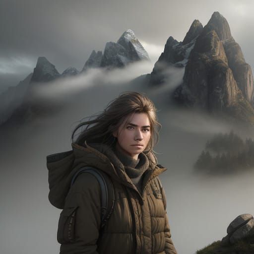 Girl Contemplating Alpine Landscape in Hyperrealistic Art