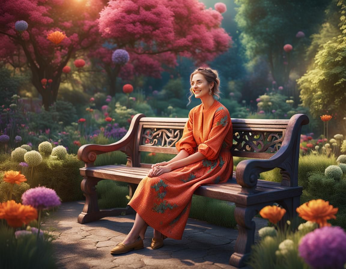 Smiling Woman Relaxing in a Fantastical Garden