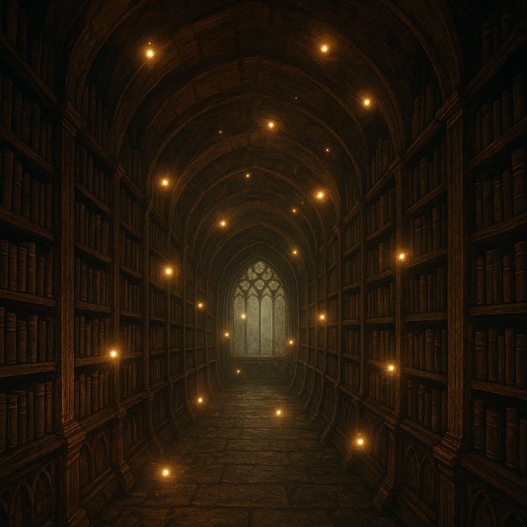 Mystical Old Library Tunnel with Flying Lights