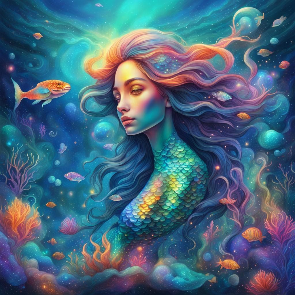 Holographic Mermaid in Astral Deep Sea Illustration