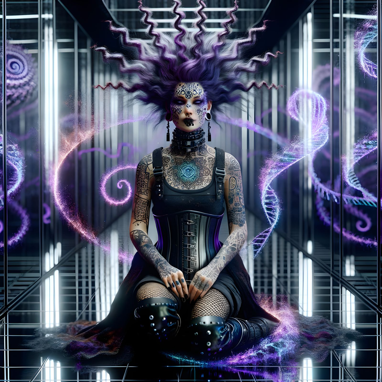 Gothic Punk Witch with Fractal Tattoos in Cyberpunk Style