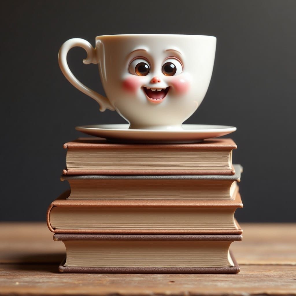 Smiling Teacup on Books: A Cute Illustration