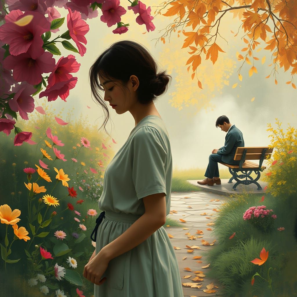 Musing Woman Surrounded by Blooming Garden, a Melancholic Ma...